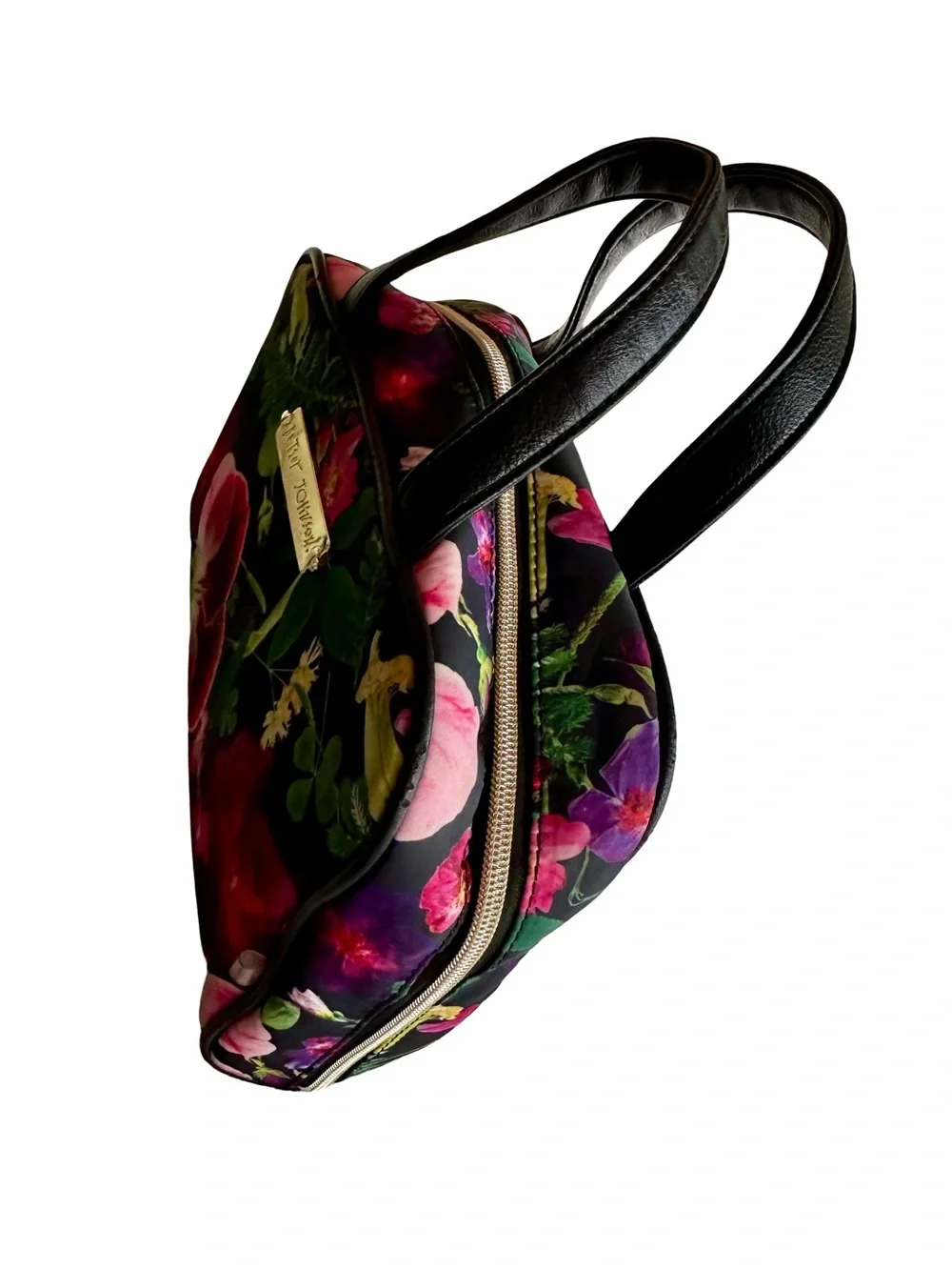 BETSEY JOHNSON Black Floral Cosmetic Bag with Pink and Red Blooms